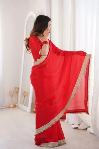 Red satin embroidered sequins work heavy look ethnic saree with blouse