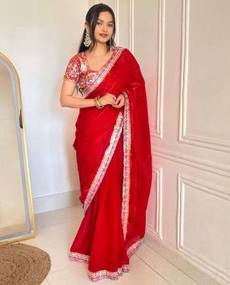 Multicolor satin embroidered sequins work heavy look ethnic saree with blouse 1