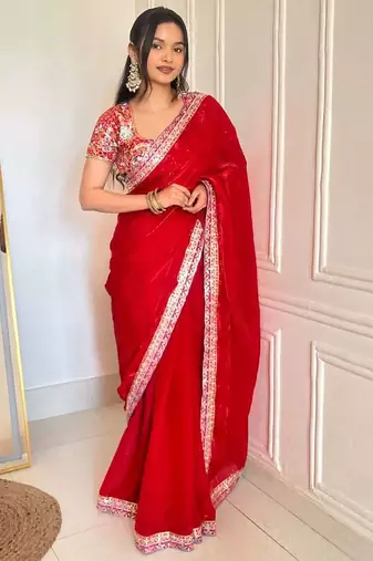 Multicolor satin embroidered sequins work heavy look ethnic saree with blouse