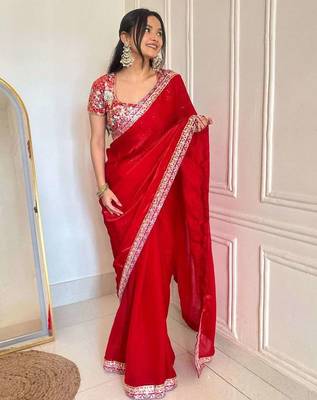 Multicolor satin embroidered sequins work heavy look ethnic saree with blouse 2