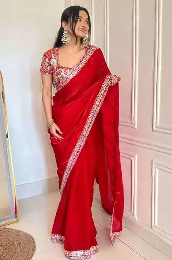 Multicolor satin embroidered sequins work heavy look ethnic saree with blouse