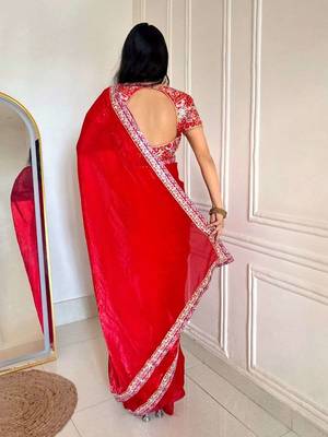 Multicolor satin embroidered sequins work heavy look ethnic saree with blouse 3