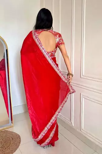 Multicolor satin embroidered sequins work heavy look ethnic saree with blouse