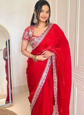 Multicolor satin embroidered sequins work heavy look ethnic saree with blouse 4