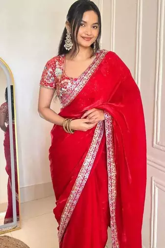 Multicolor satin embroidered sequins work heavy look ethnic saree with blouse