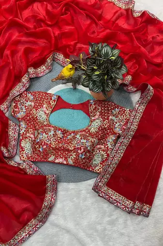 Multicolor satin embroidered sequins work heavy look ethnic saree with blouse