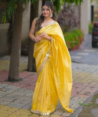 Yellow satin embroidered mirror work heavy look ethnic saree with blouse 1