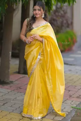 Yellow satin embroidered mirror work heavy look ethnic saree with blouse