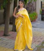 Yellow satin embroidered mirror work heavy look ethnic saree with blouse