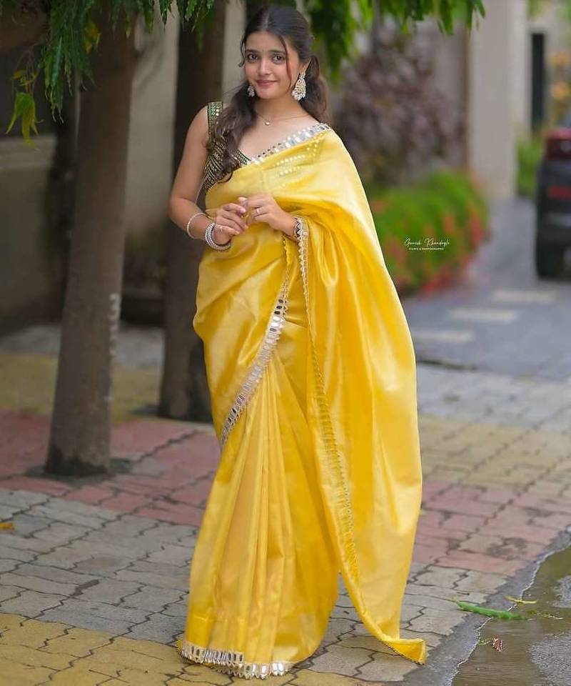 Yellow satin embroidered mirror work heavy look ethnic saree with blouse
