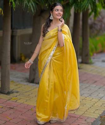 Yellow satin embroidered mirror work heavy look ethnic saree with blouse 2