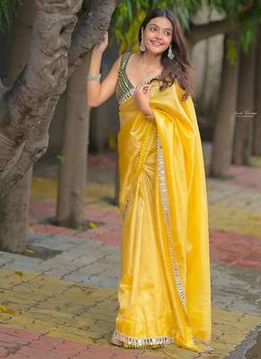 Yellow satin embroidered mirror work heavy look ethnic saree with blouse 3
