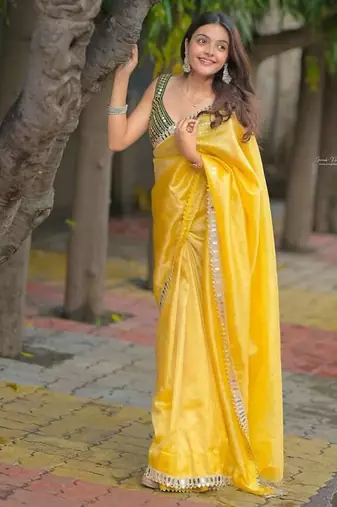 Yellow satin embroidered mirror work heavy look ethnic saree with blouse