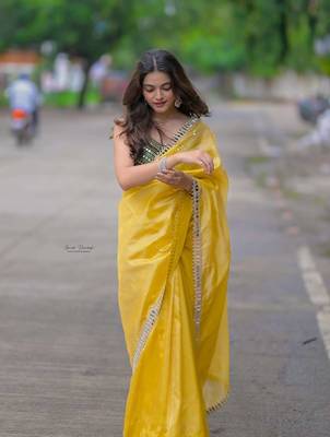 Yellow satin embroidered mirror work heavy look ethnic saree with blouse 4