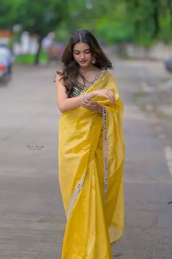 Yellow satin embroidered mirror work heavy look ethnic saree with blouse