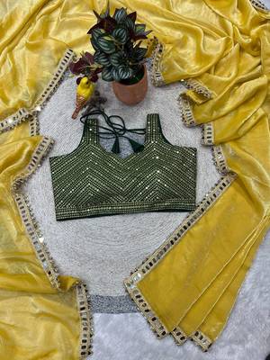 Yellow satin embroidered mirror work heavy look ethnic saree with blouse 5