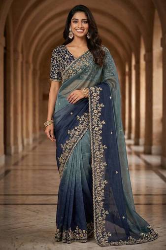 Blue chiffon embroidered sequins work heavy look ethnic saree with blouse