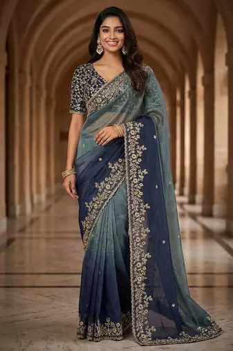 Blue chiffon embroidered sequins work heavy look ethnic saree with blouse