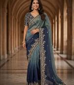 Blue chiffon embroidered sequins work heavy look ethnic saree with blouse