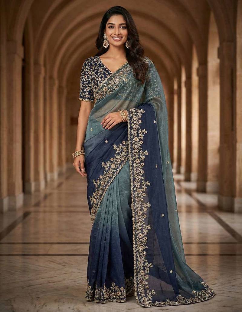 Blue chiffon embroidered sequins work heavy look ethnic saree with blouse