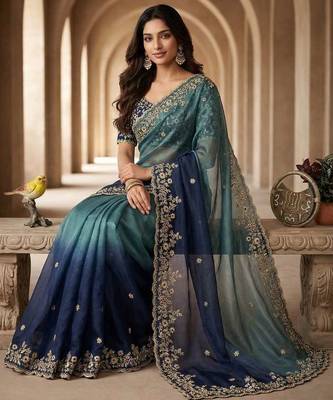 Blue chiffon embroidered sequins work heavy look ethnic saree with blouse 2