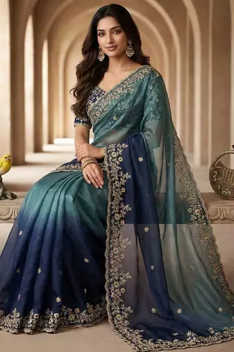 Blue chiffon embroidered sequins work heavy look ethnic saree with blouse