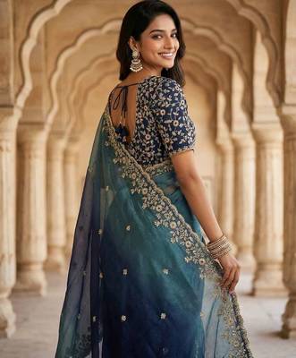 Blue chiffon embroidered sequins work heavy look ethnic saree with blouse 3