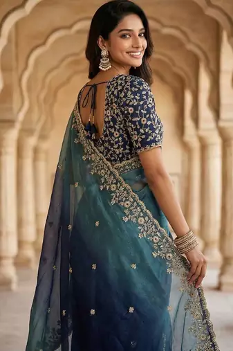 Blue chiffon embroidered sequins work heavy look ethnic saree with blouse
