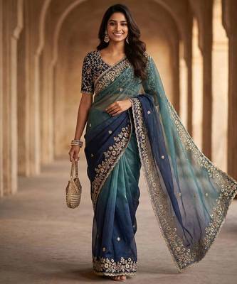 Blue chiffon embroidered sequins work heavy look ethnic saree with blouse 4
