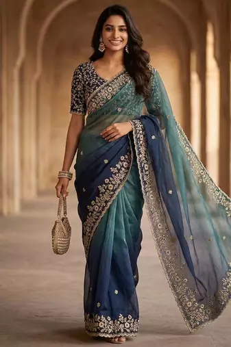 Blue chiffon embroidered sequins work heavy look ethnic saree with blouse