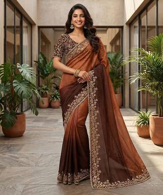 Brown chiffon embroidered sequins work heavy look ethnic saree with blouse 1