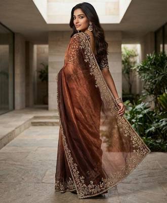 Brown chiffon embroidered sequins work heavy look ethnic saree with blouse 2
