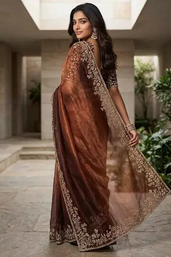 Brown chiffon embroidered sequins work heavy look ethnic saree with blouse