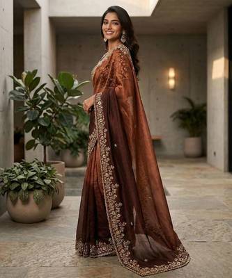 Brown chiffon embroidered sequins work heavy look ethnic saree with blouse 3