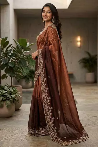 Brown chiffon embroidered sequins work heavy look ethnic saree with blouse