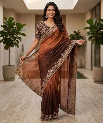 Brown chiffon embroidered sequins work heavy look ethnic saree with blouse 4