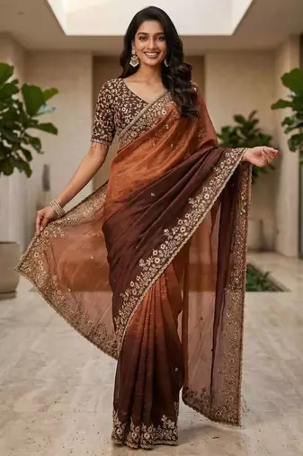 Brown chiffon embroidered sequins work heavy look ethnic saree with blouse