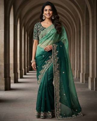 Green chiffon embroidered sequins work heavy look ethnic saree with blouse 1