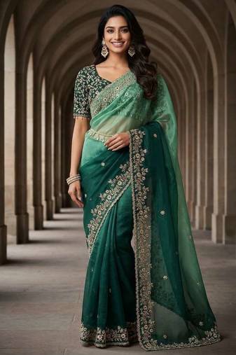 Green chiffon embroidered sequins work heavy look ethnic saree with blouse