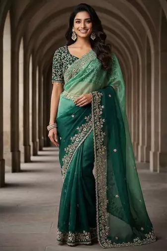 Green chiffon embroidered sequins work heavy look ethnic saree with blouse