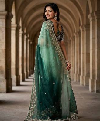 Green chiffon embroidered sequins work heavy look ethnic saree with blouse 2