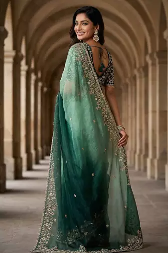 Green chiffon embroidered sequins work heavy look ethnic saree with blouse