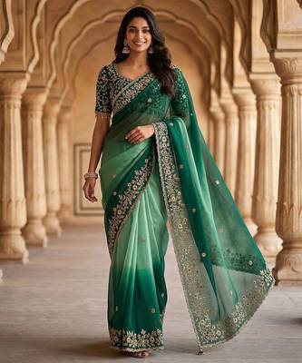 Green chiffon embroidered sequins work heavy look ethnic saree with blouse 3