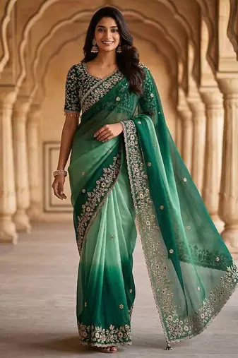 Green chiffon embroidered sequins work heavy look ethnic saree with blouse