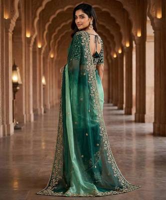 Green chiffon embroidered sequins work heavy look ethnic saree with blouse 4