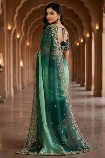 Green chiffon embroidered sequins work heavy look ethnic saree with blouse