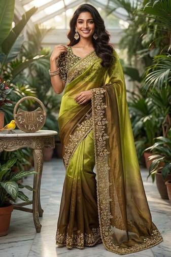 Mehendi chiffon embroidered sequins work heavy look ethnic saree with blouse