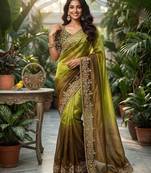 Mehendi chiffon embroidered sequins work heavy look ethnic saree with blouse