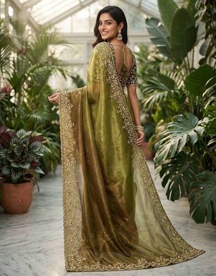 Mehendi chiffon embroidered sequins work heavy look ethnic saree with blouse 2