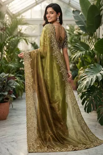 Mehendi chiffon embroidered sequins work heavy look ethnic saree with blouse